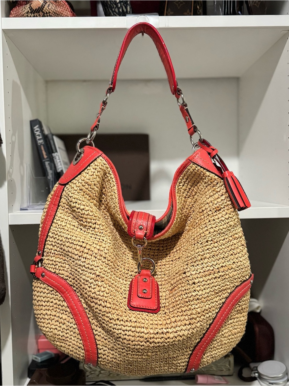 Coach Straw Hobo Bag with Coral Trim